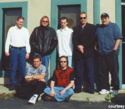 l to r (back row): Bob Brady, Albert Hurst, [Mike Thompson, asst. engineer], Jim Miller, Todd Joos; seated Mark Summers and Jon Pomplin